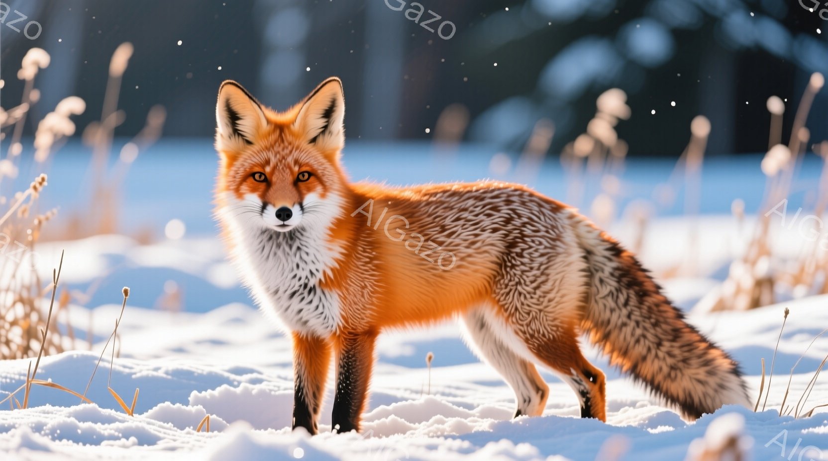 雪原に立つ、鮮やかなオレンジ色のキツネが写っている。キツネは凛々しい表情で正面を見据え、ふさふさとした尾は雪の上に優雅に広がっている。背景には薄暗い冬の森が広がり、雪と枯れ草が織りなす静かで美しい冬の - AI生成フリー素材