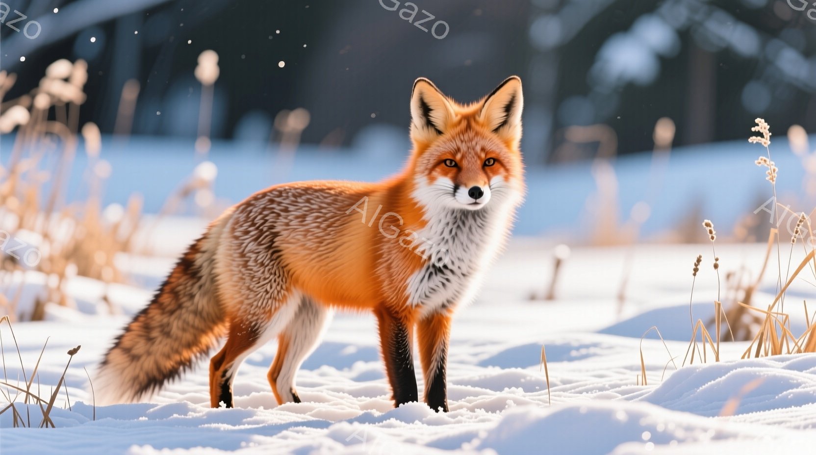 鮮やかな赤褐色の毛並みを持つキツネが、雪原の中に佇んでいます。その目は鋭く光り、わずかにこちらを見ているようです。背景には薄い黄色の枯れ草が点在し、雪景色とキツネの暖かな毛並みが対照的で、静寂な冬の雰囲気を醸し出しています。