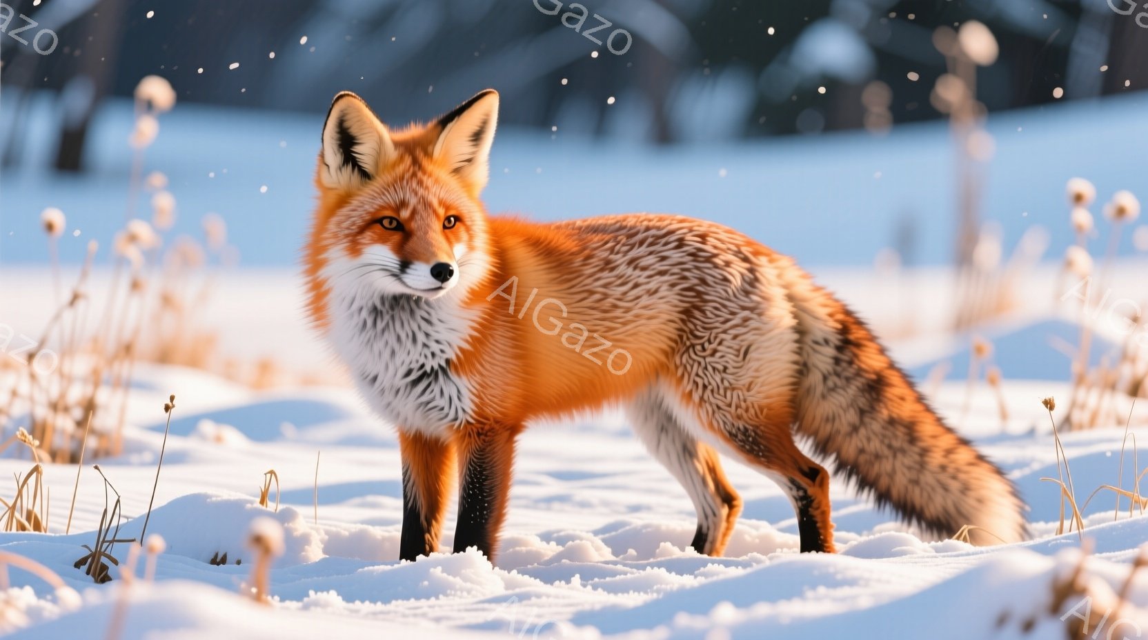 雪景色の中に、毛並みの美しいキツネが立っている。オレンジ色の毛並みは冬の白い雪景色の中で際立ち、凛々しい表情でこちらを見ている。背景には雪に覆われた草木が広がり、静かで穏やかな冬の雰囲気が漂っている。