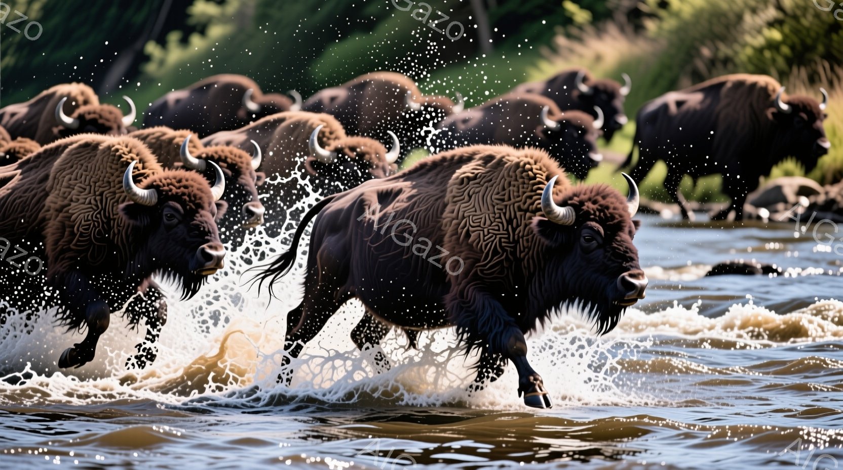 バイソンが濁った川を疾走している様子が捉えられています。水しぶきが飛び散り、力強い足取りで一列に並んで進んでいます。背景には緑豊かな森林が見え、水面とバイソンの毛並みのコントラストが、自然の力強さを強 - AI生成フリー素材