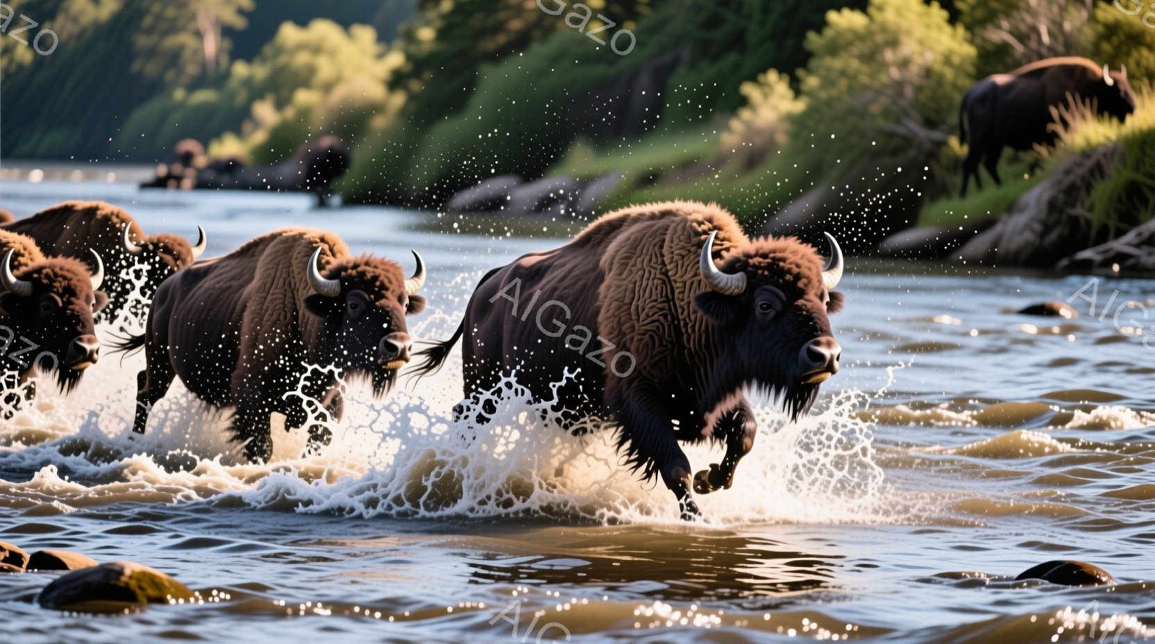 バイソンが水しぶきを上げながら川を横断している様子が捉えられています。彼らは力強く疾走しており、その筋肉質な体格と黒い毛並みが際立っています。背景には緑豊かな植物と岸辺があり、晴れた空と水面の反射が夏 - AI生成フリー素材