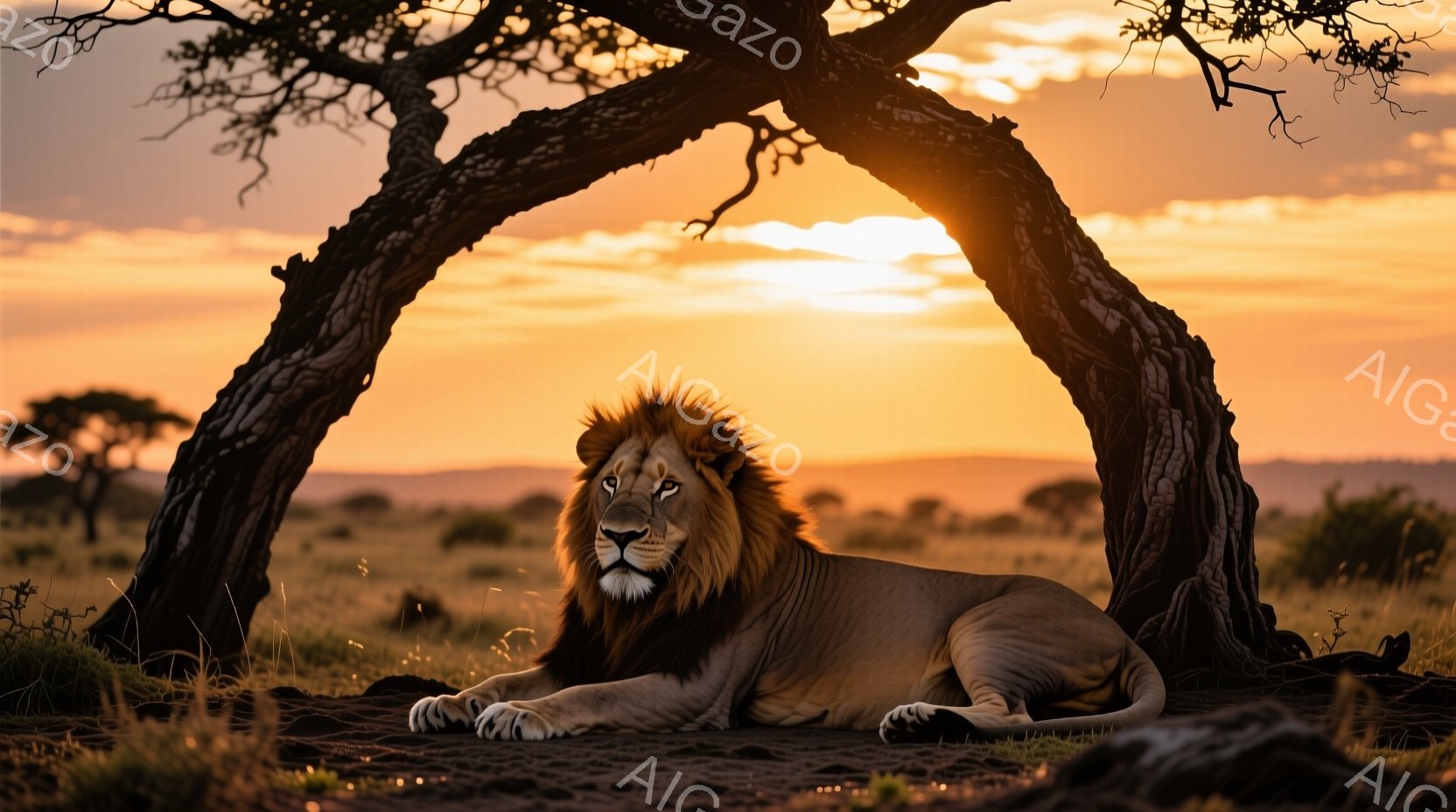 広大なサバンナの中に、堂々としたライオンが横たわっています。夕焼けのオレンジ色と黄色が空を染め、ライオンのたてがみに美しい光を当てています。ライオンは落ち着いた表情で、まるで王のように悠々と構え、強い存在感を放っています。
