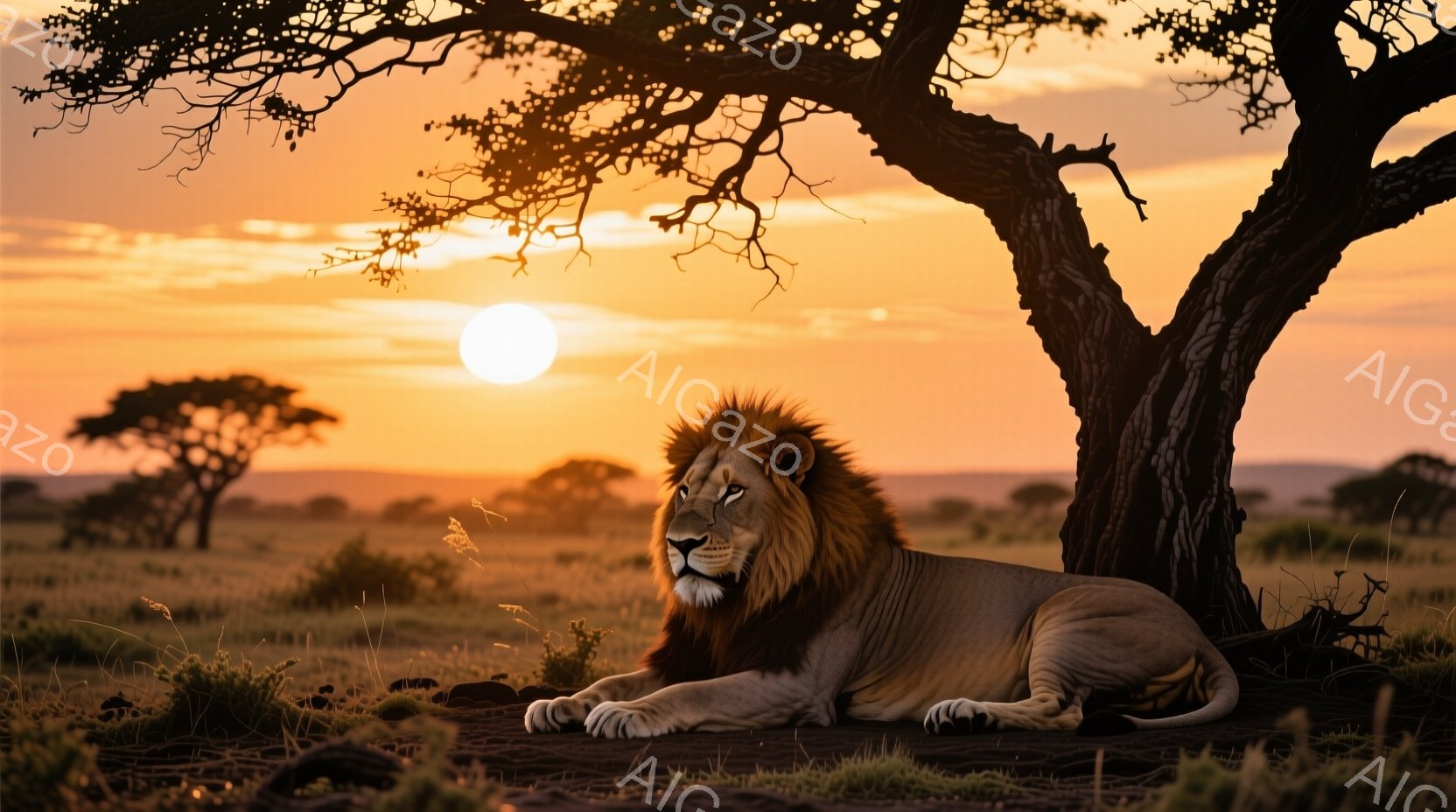 雄大なライオンがサバンナの地面に横たわっており、夕焼けの暖かい光に照らされています。その姿は堂々としており、遠くの地平線と木々のシルエットが背景に広がっています。全体的に、力強さと静寂が共存する、壮大 - AI生成フリー素材