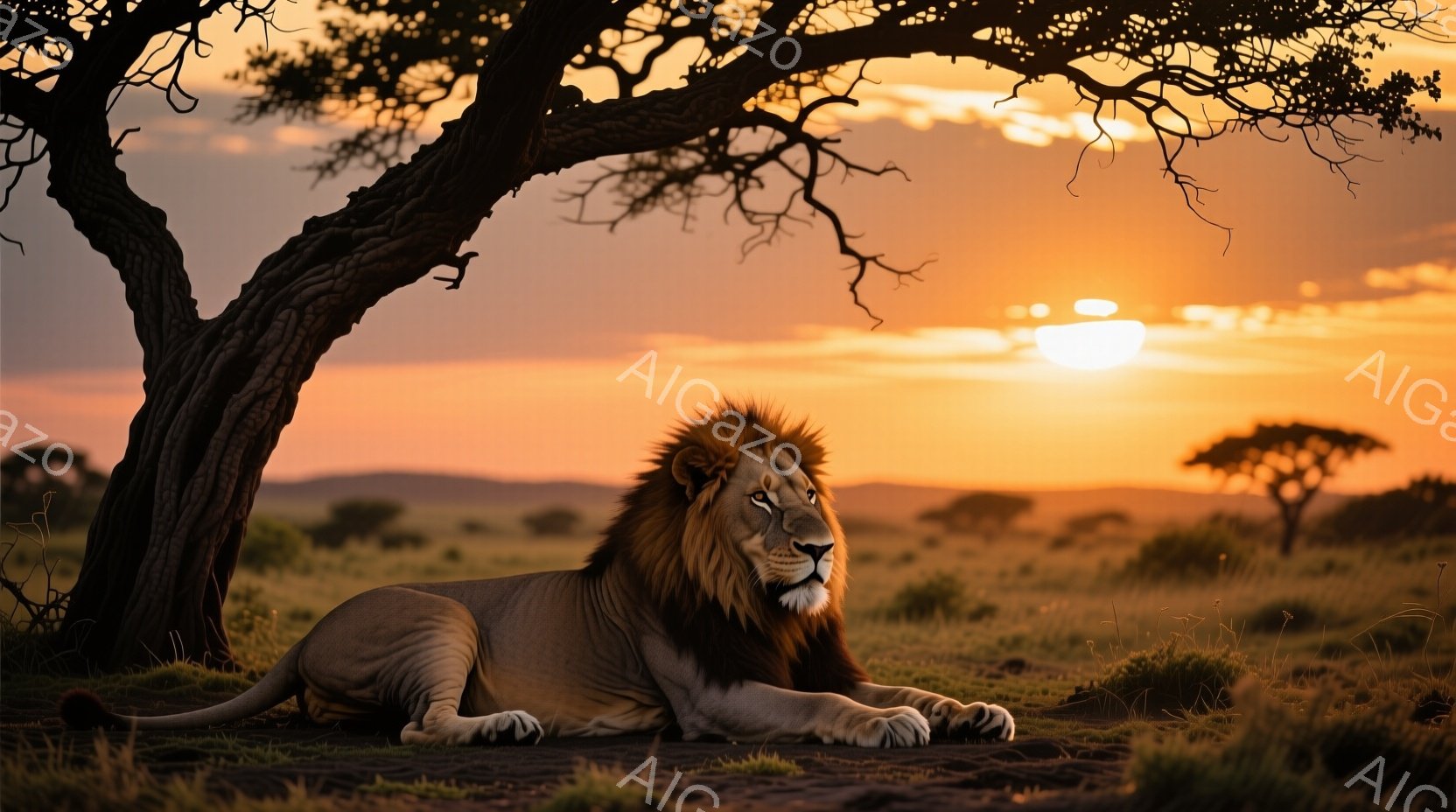 広大なサバンナで、たてがみが豊かな雄ライオンが地面に横たわっている。夕焼け空の下、草が生い茂る平原が広がり、遠くにはまばらに木々が見える。ライオンは自信に満ちた表情で、力強く堂々とした姿を見せている。