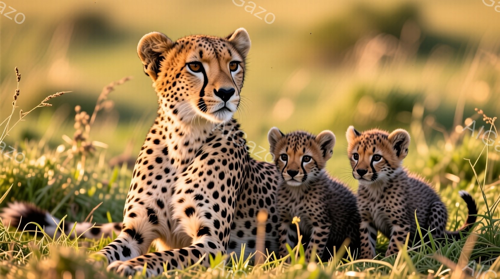 広大な草原で、母チーターと子チーター３頭が寄り添って座っている様子が捉えられています。母チーターは落ち着いた表情で遠くを見つめ、子チーターたちは母のそばで好奇心いっぱいの眼差しを向けています。背景には緑豊かな草が生い茂り、夕暮れ時の柔らかい光が全体を包み込み、穏やかで温かい雰囲気を醸し出しています。
