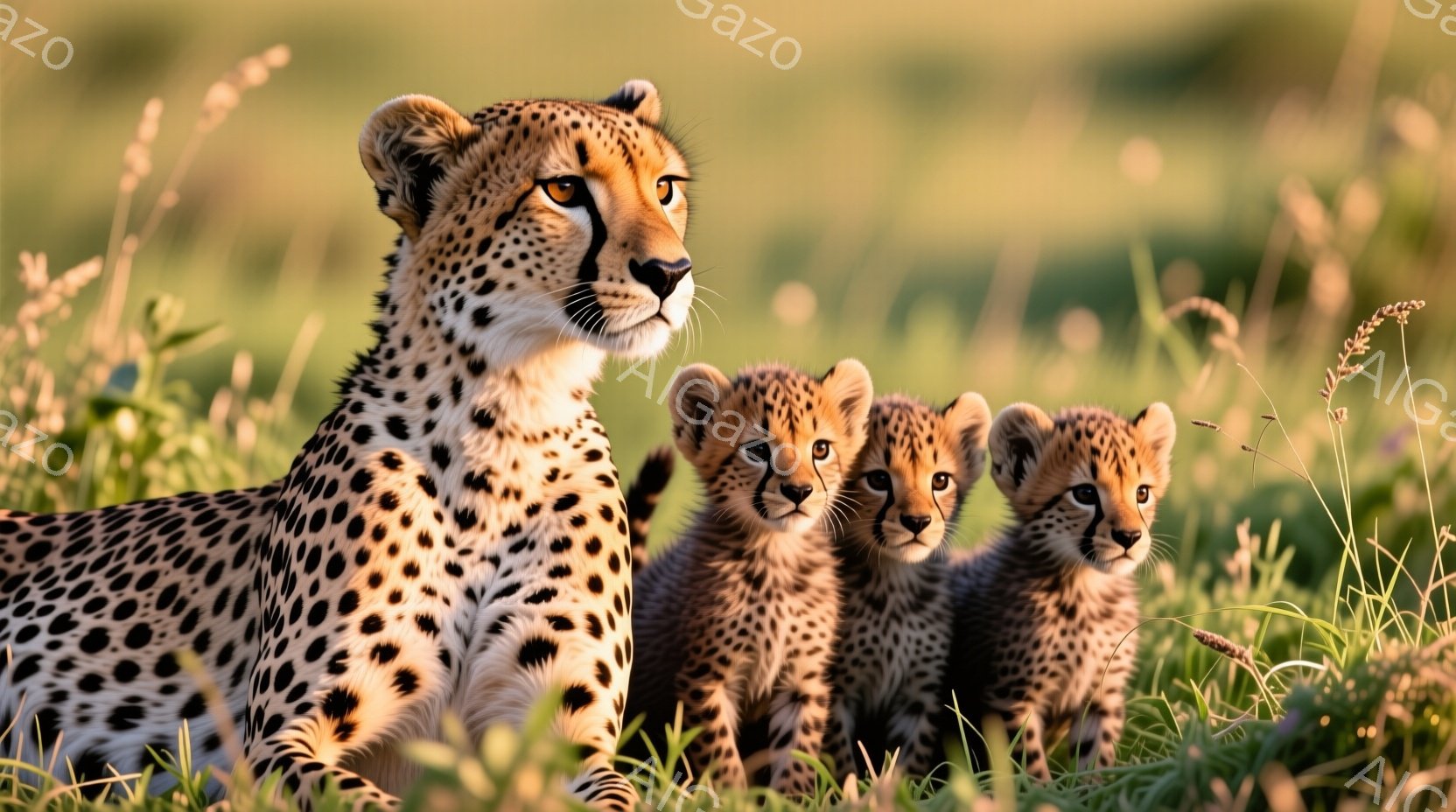 広大な草原の中に、母チーターと３匹の子チーターが寄り添って座っている様子が捉えられています。母チーターは遠くを見つめ、警戒心と母性的な優しさを湛えた表情をしています。背景には、緑豊かな草地と朝日の光が差し込み、温かく穏やかな雰囲気を醸し出しています。