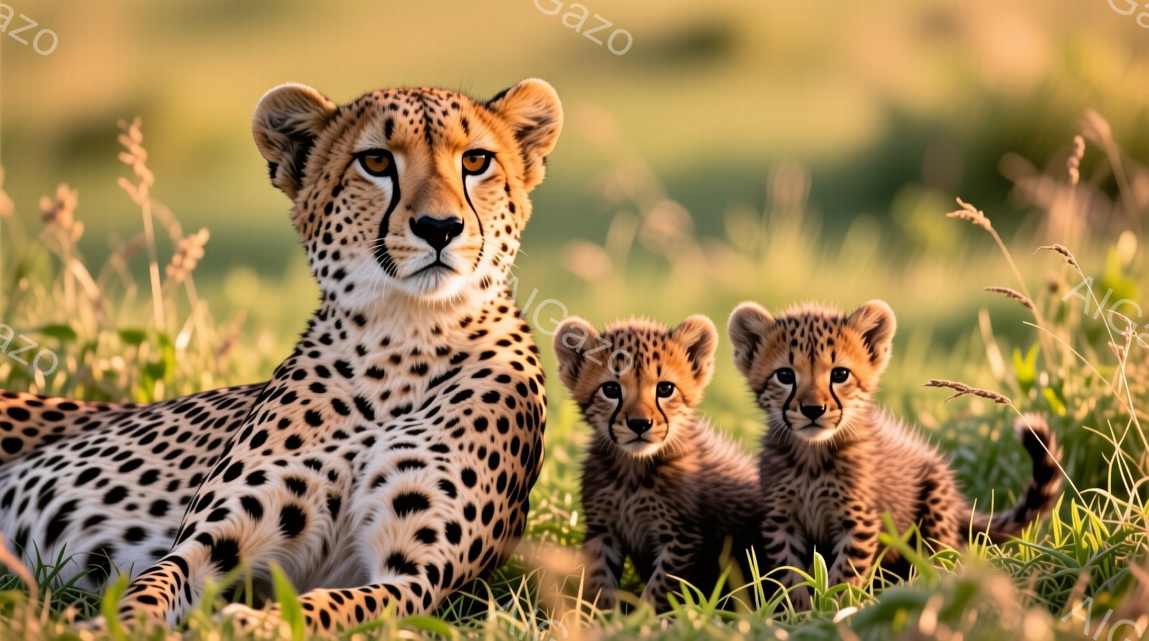 母と子猫二匹が緑豊かな草原に横たわっています。母猫は落ち着いた表情で、子猫たちは少し不安そうにこちらを見ています。背景には柔らかい光が差し込み、穏やかで温かい雰囲気が漂っています。