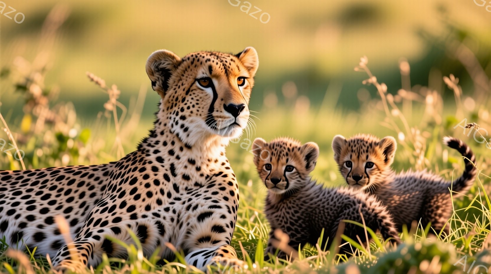 母親らしい大きなチーターが、緑豊かな草原の中で2匹の子チーターと一緒に横たわっています。母親は穏やかな表情でカメラを見つめ、子チーターたちは母親の近くで遊ぶように寄り添っています。背景は鮮やかな緑色で、太陽の光が差し込み、暖かく平和な雰囲気を醸し出しています。