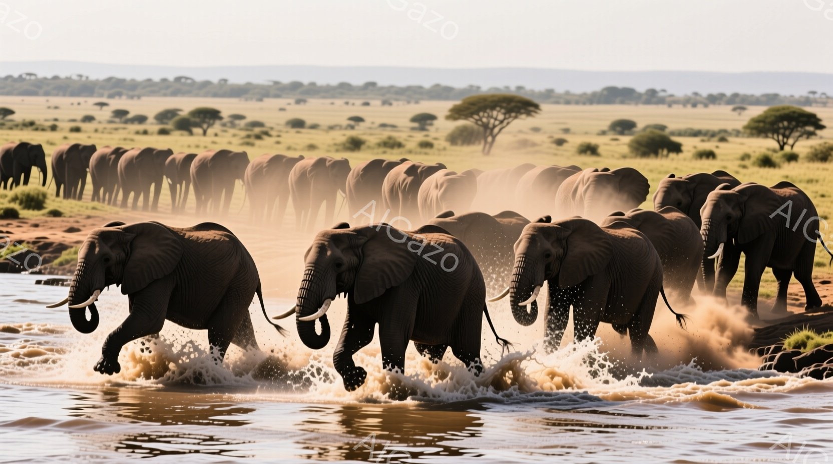 広大なサバンナを、多数のゾウが隊列をなして歩行している様子が捉えられています。水たまりを通過する際に水しぶきが上がり、ゾウたちは力強く前進しています。背景にはまばらに木々が点在し、広大な自然が広がっている様子がわかります。