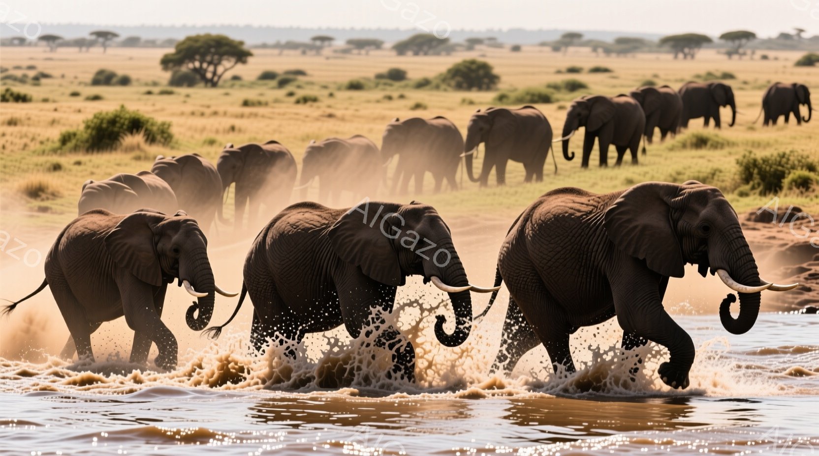 広大なサバンナを、多数のゾウが隊列をなして歩いている様子が写っている。水しぶきが舞い上がり、ゾウたちは水辺を歩いているようで、力強く、そして雄大な姿を見せている。背景には乾燥した草地と遠くに見える木々 - AI生成フリー素材