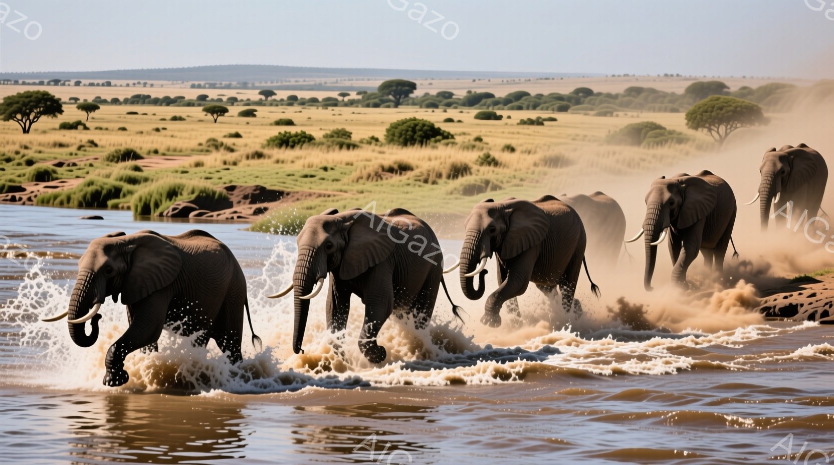 巨大なアフリカゾウが、泥水が飛び散る川の中を隊列をなして進んでいる様子が捉えられている。背景には黄金色の草原が広がり、点在する木々がアフリカのサバンナを思わせる壮大な風景が広がっている。全体的に躍動感があり、野生動物の力強さと自然の雄大さを感じさせる一枚である。