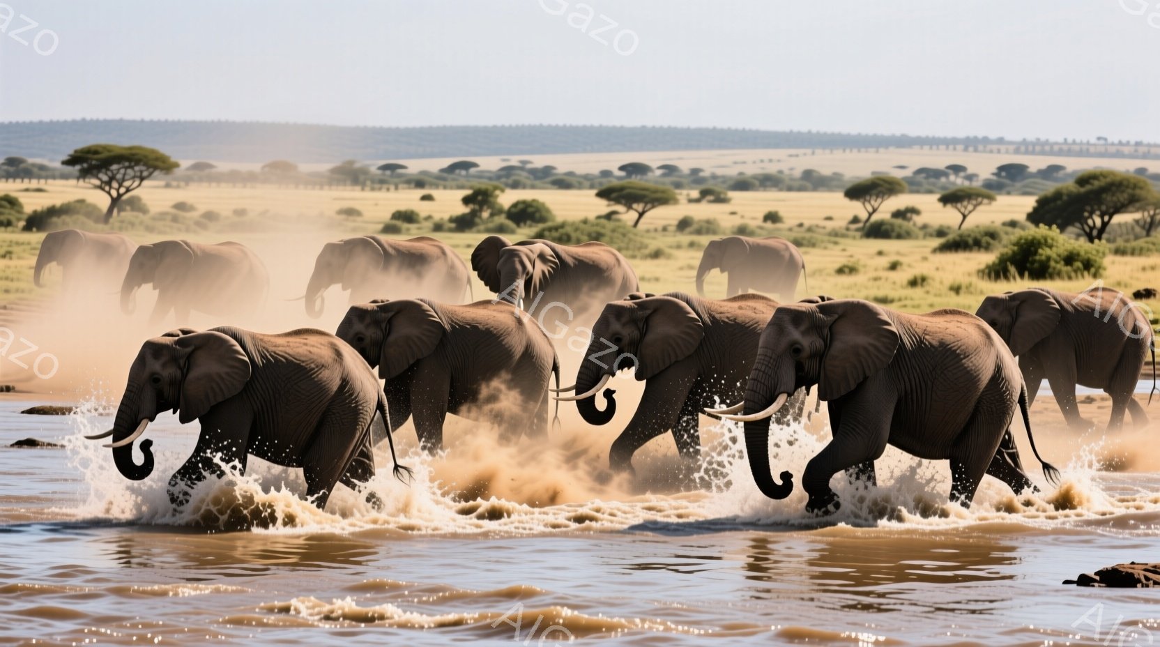 アフリカのサバンナで、大規模なヘラジャクの群れを示しています。多数のヘラジャクが水中を駆け抜けており、そのうちのいくつかは人間が乗っていることもあります。背景には平原が広がり、水面には波立った水があります。ヘラジャクの体色は皆一色で、大きな個体や若い個体と区別されることがあります。