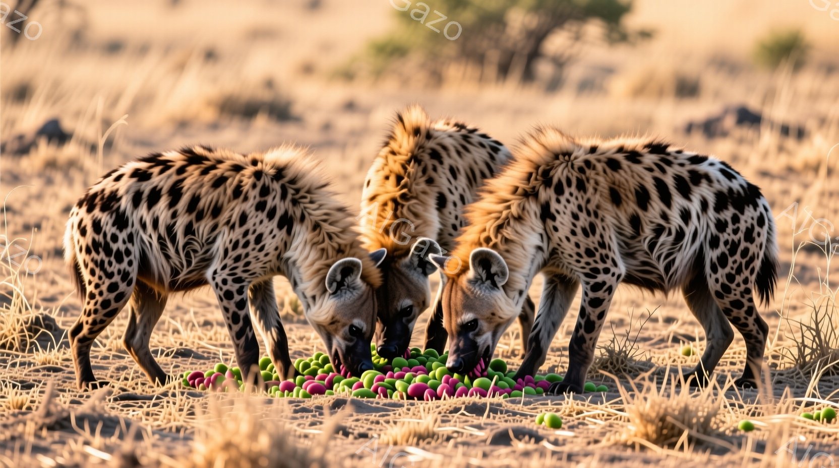 ３頭のハイエナが、紫と緑の球状の物体が集まった場所に頭を突っ込んで何かを食べている様子が写っている。背景は乾燥した草原で、薄茶色の草が生い茂り、遠くには木々が見える。全体的に、乾いた気候と野生動物の食行動を捉えた、自然な雰囲気の写真である。