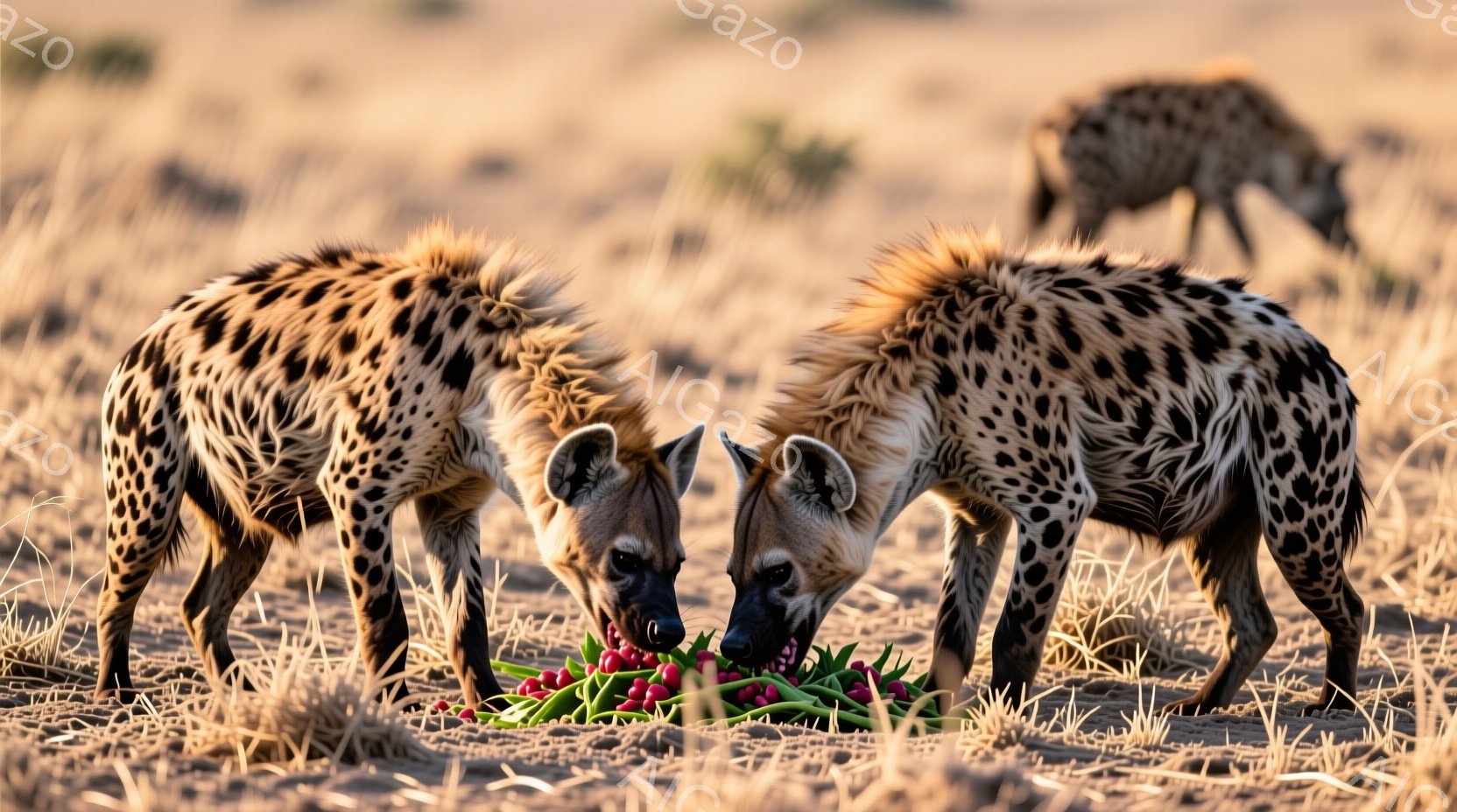３頭のハイエナが砂漠のような平原で赤い果実を食べている様子が写っている。２頭はほぼ同じ姿勢で果実の山に群がり、慎重に食べようとしているように見える。背景は乾燥した草地が広がり、暖かく乾燥した気候を感じさせる。