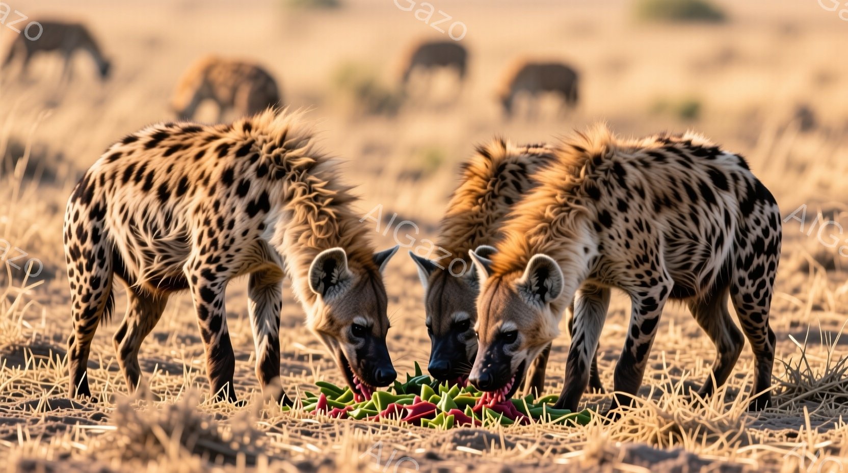 ２頭のハイエナが、乾燥した草原で赤い何らかのものを食べている。彼らは斑点模様の毛皮を持ち、鋭い歯を見せ、集中して食事に没頭している様子が伺える。背景には、ぼんやりとした他の動物の群れと、乾いた草が生い茂る平原が広がり、日差しが強く照りつける乾燥した雰囲気を感じさせる。