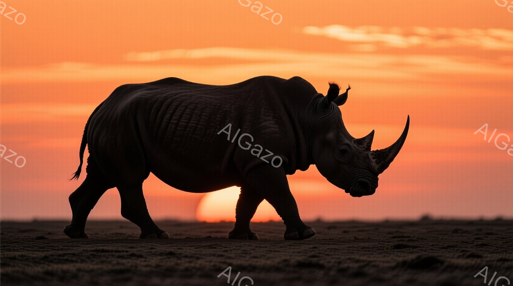 広大な平原を歩むアフリカゾウがシルエットで描かれています。夕焼け空が背景に広がり、地平線からオレンジ色の光が差し込み、力強いゾウの姿を際立たせています。全体的に、野生の力強さと静寂な夕暮れ時の雰囲気が漂う、壮大で印象的な光景です。