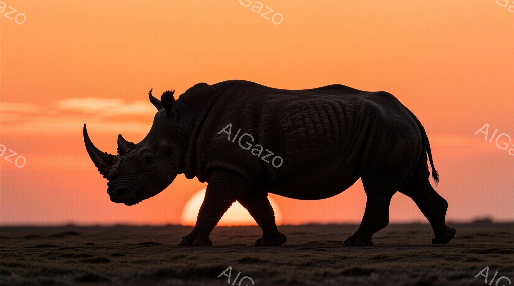 夕焼けを背景に歩く犀のシルエットを描いています。犀は重厚な体格で、力強く地面を蹴り上げており、その皮膚の質感が影となって強調されています。背景の夕焼けは暖かく、オレンジ色と赤色のグラデーションが広がっており、犀のシルエットと対照的な美しさを生み出しています。