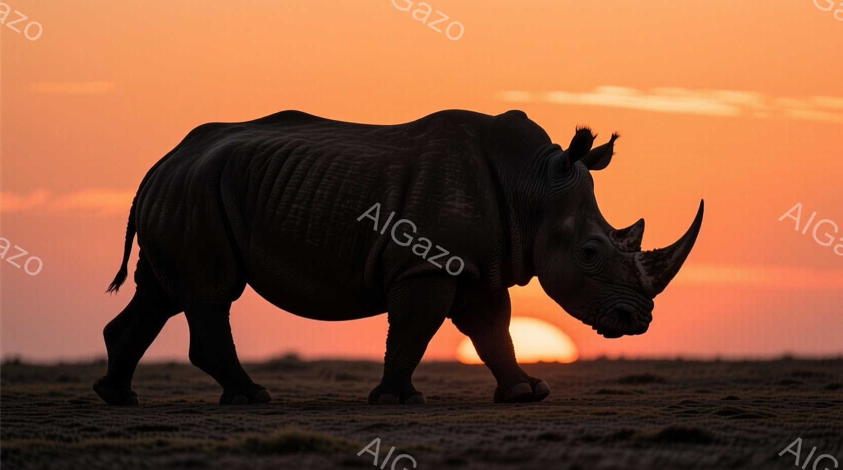 広大な平原を歩むアフリカゾウのシルエットが印象的な画像です。夕焼けのオレンジ色の空が背景に広がり、ゾウの粗い皮膚の質感と力強い姿を際立たせています。穏やかで静謐な雰囲気が漂い、野生動物の力強さと自然の美しさが感じられます。