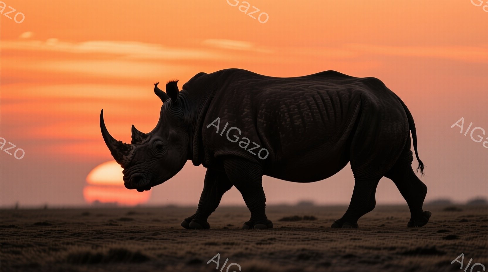 夕陽の背景で、一頭の野生のラクダが平らかな平地を歩きます。その動きはゆっくりとしており、耳や角が目立つ特徴です。私たちの視点は高い位置にあるため、ラクダが下から見上げるような感覚を持ちます。 映像はピントを合わせて撮影され、背景の温かい色彩が印象的です。
