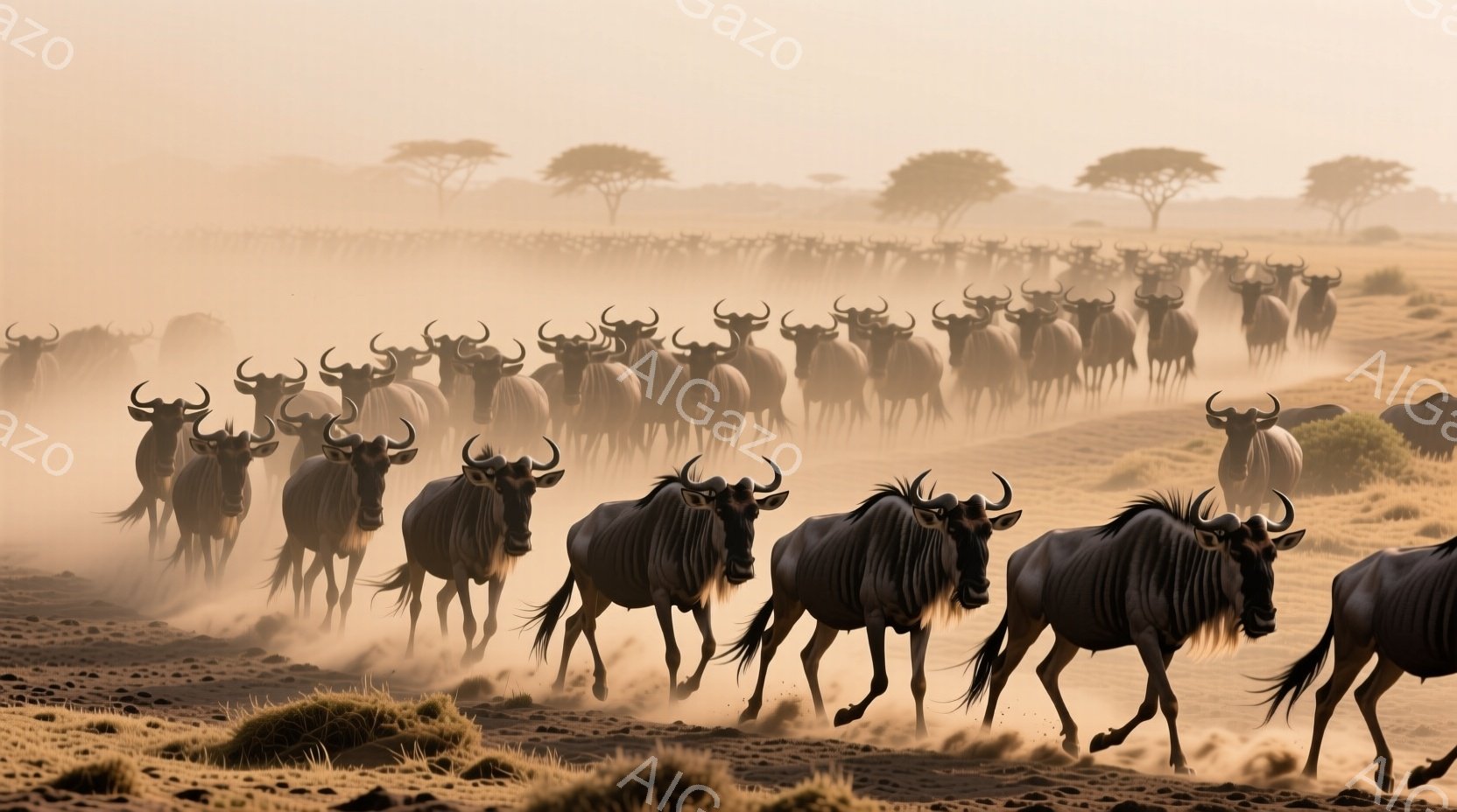 大勢のヌーが埃を巻き上げながら草原を走り去る様子が捉えられています。彼らは一列に並び、一様に前方を向いており、力強い走りで大地を揺るがしています。背景にはぼんやりと木々が見え、朝もやの中に包まれたアフリカのサバンナの風景が広がっています。