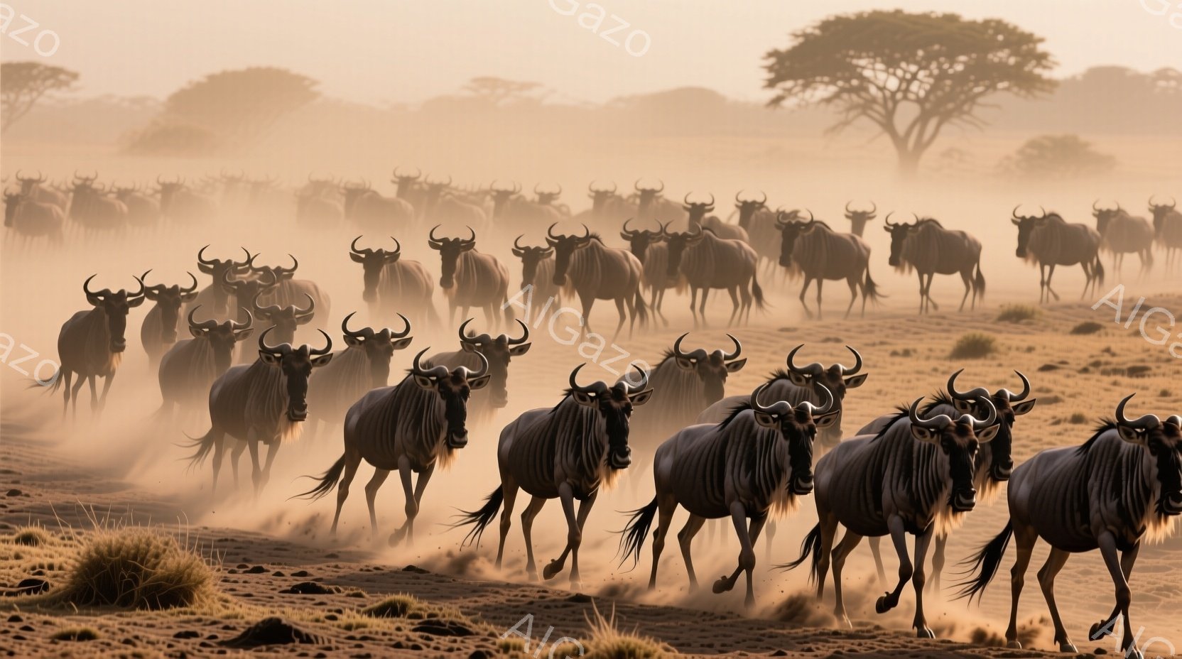 大量のヌーが砂埃を巻き上げながら、荒野を力強く走り抜けている様子が描かれている。背景には、ぼんやりと木々が見え、朝焼けのような暖かい光が全体を包み込んでいる。ヌーたちは一斉に移動しており、生命力に満ちた活気と、どこか寂しげな雰囲気が共存している。
