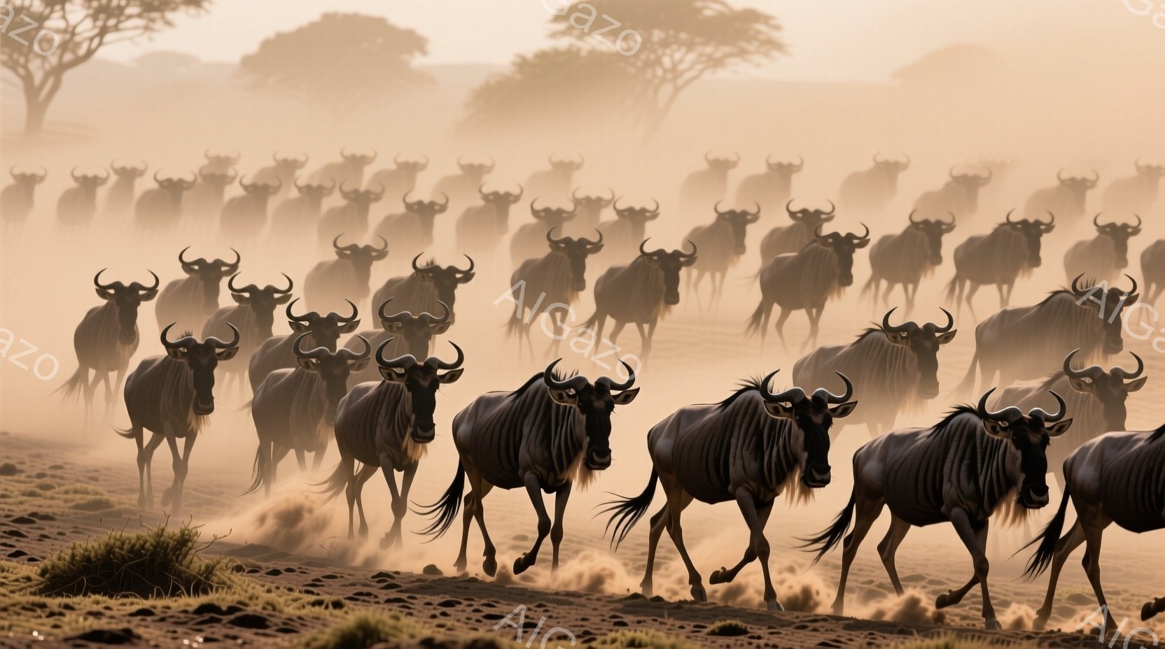 大勢のヌーが埃を巻き上げながら一斉に走っている様子が捉えられている。背景にはぼんやりと木々が見え、朝焼けのような柔らかな光が全体を包み込み、躍動感と生命力に満ちた雰囲気を醸し出している。遠近感のある構図とヌーの力強い動きが、壮大な自然の営みを彷彿とさせる。