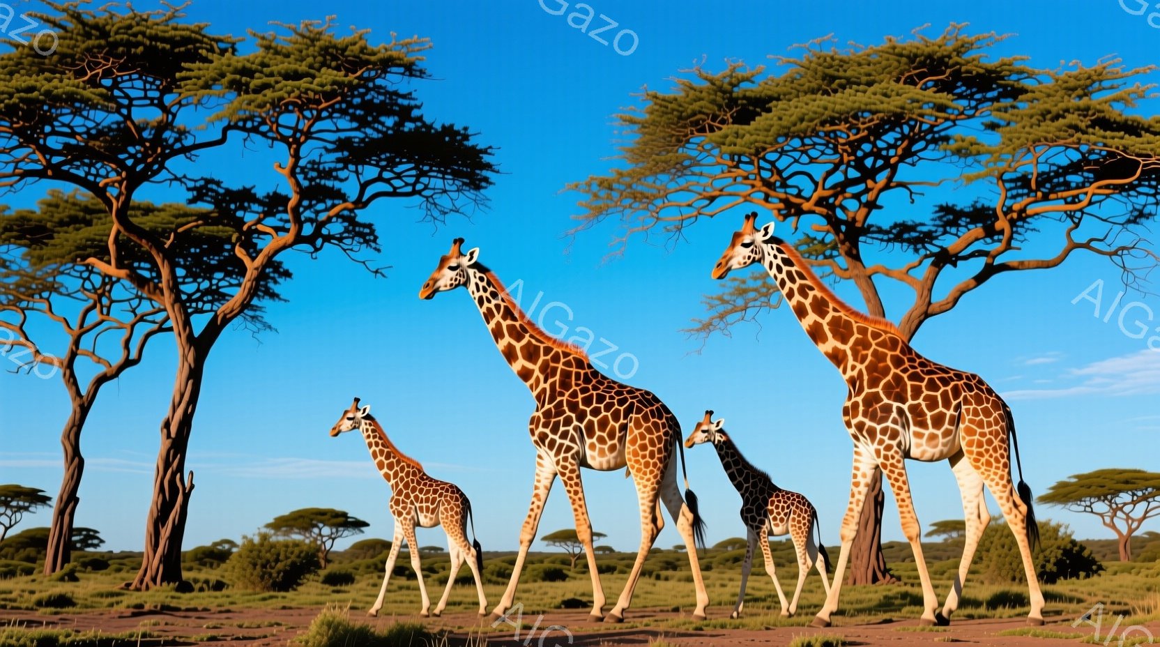 広大なサバンナに3頭のキリンが立っている。最も背の高いキリンは、他の2頭よりも高く頭を上げ、遠くを見つめているようだ。背景には、まばらに生えた木々が広がり、澄み切った青空が広がっている。