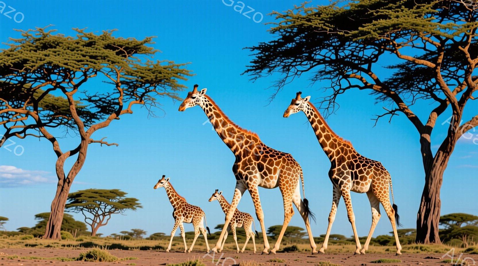 広大なサバンナに3頭のキリンが立っている。一番大きなキリンは堂々と正面を向き、その隣には中くらいの大きさのキリン、そして一番小さなキリンが寄り添っている。背景にはまばらに木々が点在し、晴れた青空の下、穏やかで平和な雰囲気が漂っている。