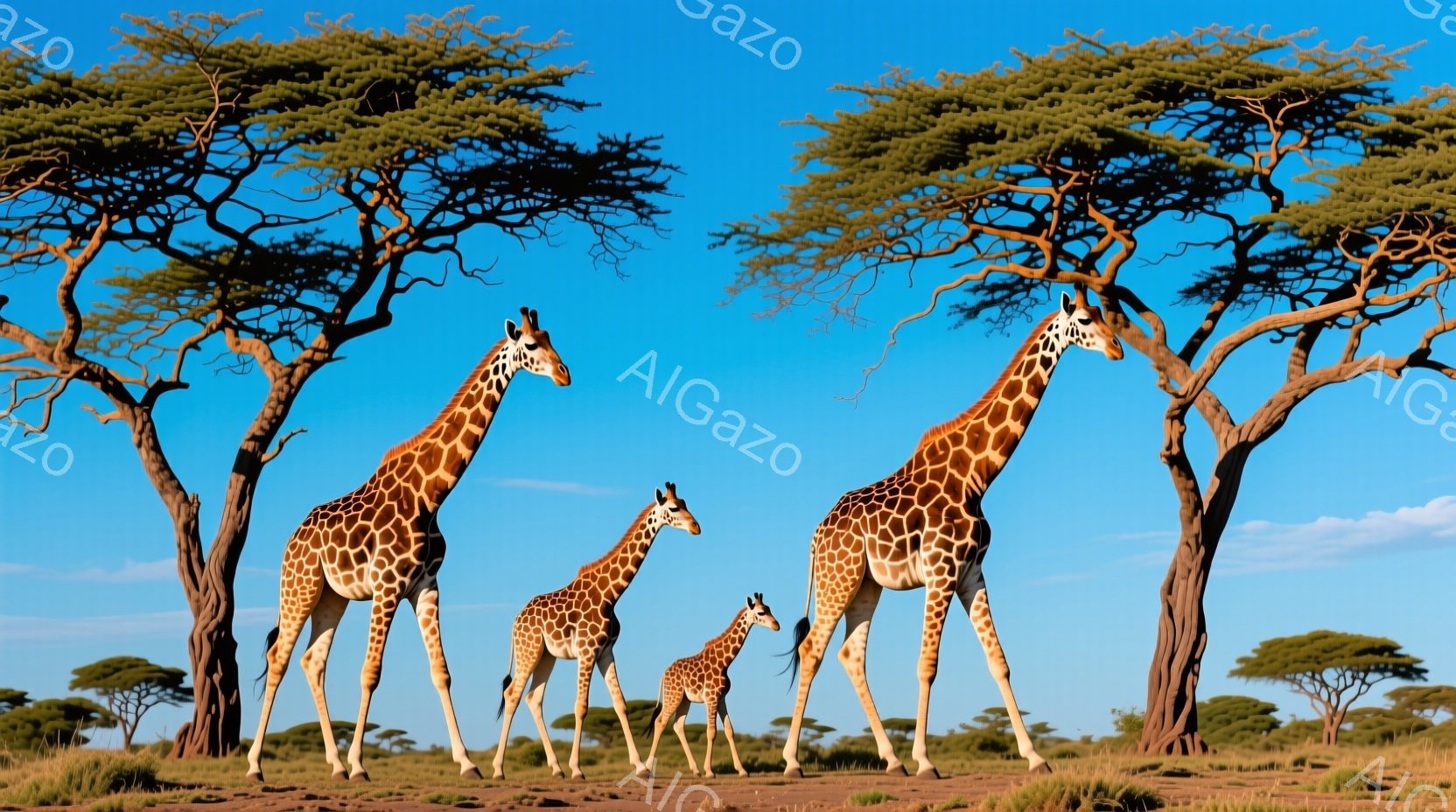 広大なサバンナに三頭のキリンが立っている。最も背の高いキリンは堂々と正面を向き、中くらいのキリンは少し後ろに寄り、最も小さなキリンは両親の間に寄り添っている。背景にはまばらに木々が点在し、鮮やかな青空 - AI生成フリー素材