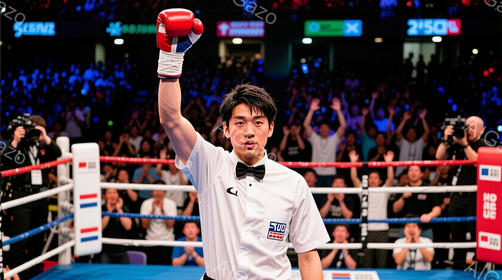 ボクシングリングの中心に立つ男性レフェリーは、白の長袖シャツに黒い蝶ネクタイと黒いズボンを着用し、右手を高く上げて勝利を宣言しているようだ。彼は黒髪で短髪、表情は真剣でプロフェッショナルである。リングの背景には観客席が広がり、会場全体が興奮と熱気に包まれている。