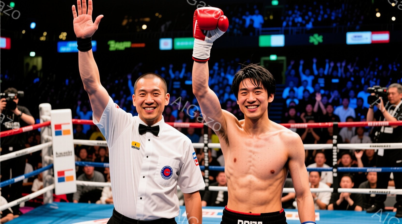 試合のリング上に、ボクサーと審判が立っている。ボクサーは上半身裸で、黒いショーツを着用し、片手を高く上げて勝利を喜んでいる。審判は黒いズボンと白いシャツ、黒いネクタイを着用し、ボクサーの隣で微笑んでいる。
