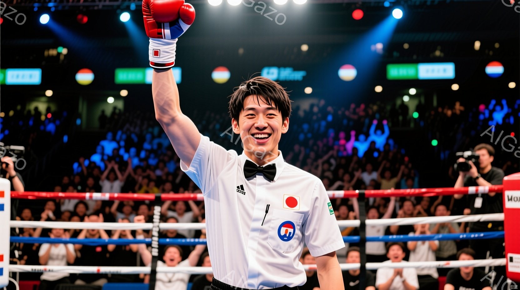 ボクシングリングの中心に立つ若い男性は、白いシャツに黒いネクタイ、そして日本の国旗とスポンサーロゴの入った青い腕章をつけている。彼は片手を高く上げ、勝利をアピールするかのように満面の笑みを浮かべており - AI生成フリー素材