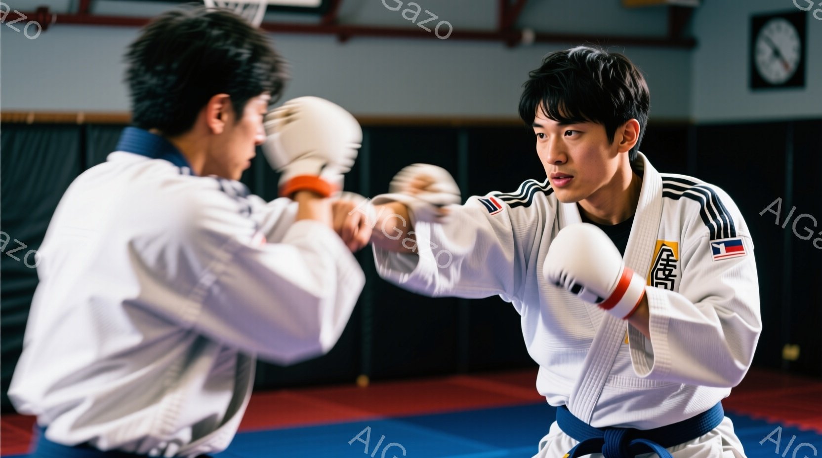 空手着を着た二人の男性が、訓練中の構えで向かい合っている。片方の男性は右手を前に突き出し、もう片方の男性は左手を前に出し、防御の姿勢をとっている。背景はジムのような室内で、マット敷きの床と壁に掲げられた旗が見える。
