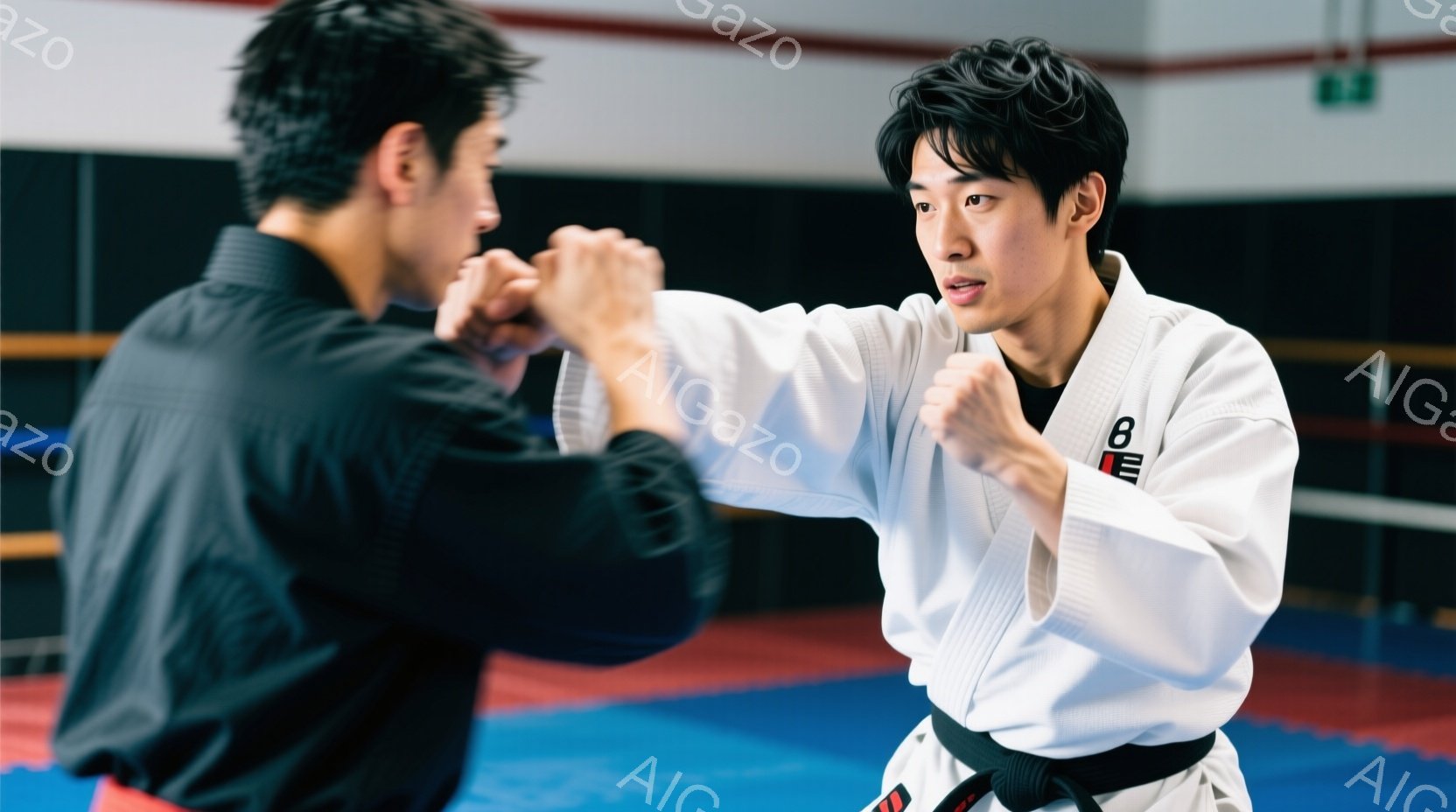 白い柔道着を着用した男性が、黒い柔道着の相手と組み合っている様子が写っている。彼の表情は真剣で、右手を前に突き出し、相手の攻撃を防ごうとしている。背景は柔道場のような場所で、青と赤のマットが敷かれてお - AI生成フリー素材