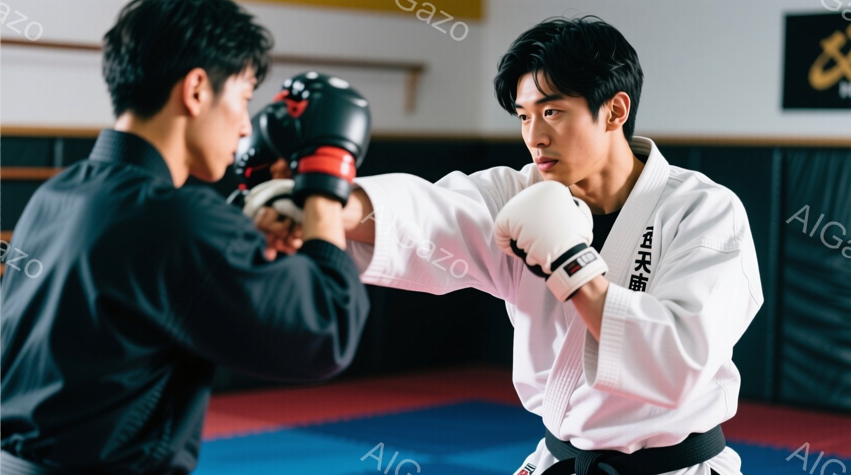 白い柔道着を着た男性が、黒い柔道着を着た別の男性に向かって構えを取っています。構えている男性は黒帯で、集中した表情で右手を前に突き出しています。背景は柔道場のようなマット敷きの空間で、練習用の器具が見え、集中と鍛錬の雰囲気が漂っています。