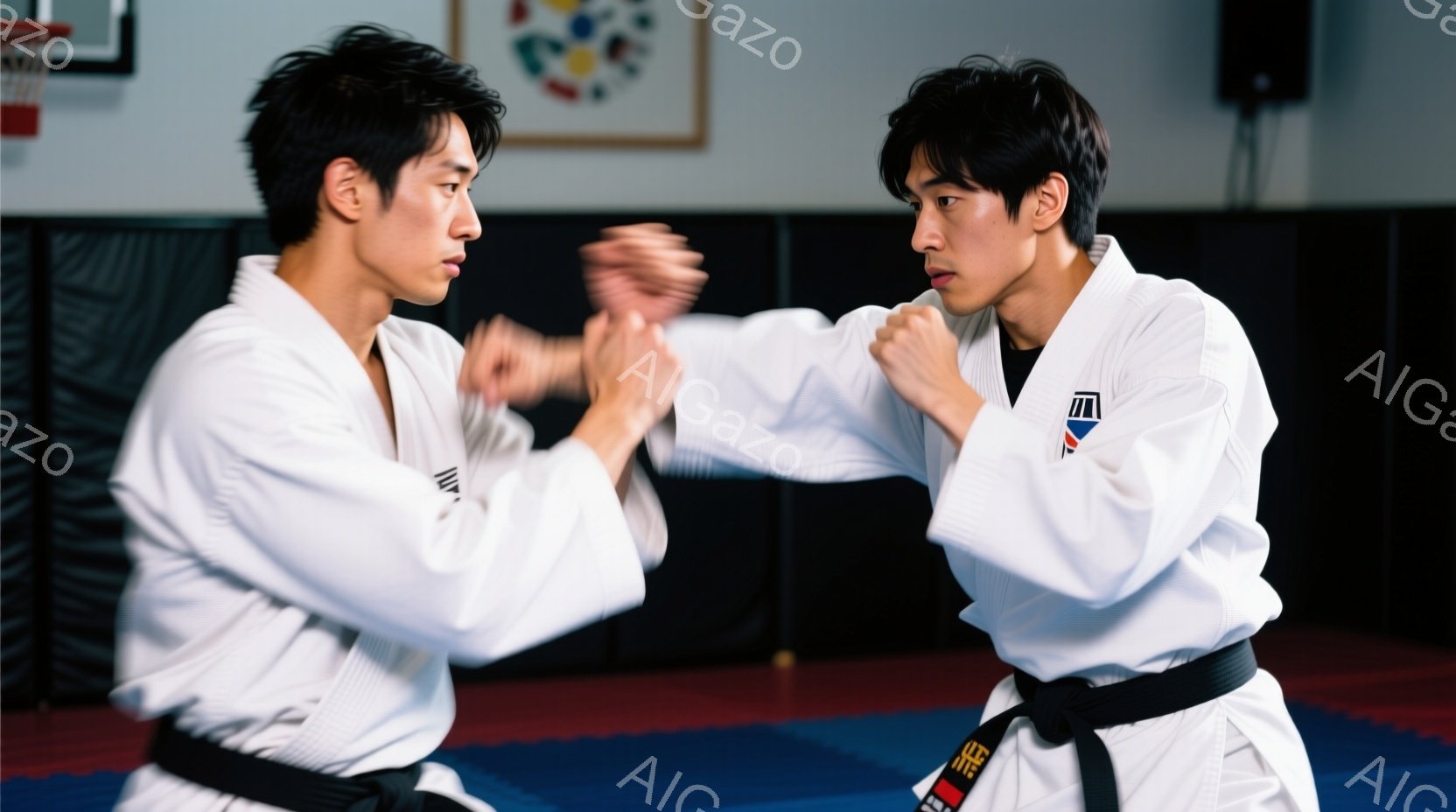 白い道着と黒帯を締めた二人の男性が写っています。彼らは空手の構えで、相手に打ち込むような動きをしています。背景には、青いマットと壁があり、集中して練習する武道の雰囲気が漂っています。
