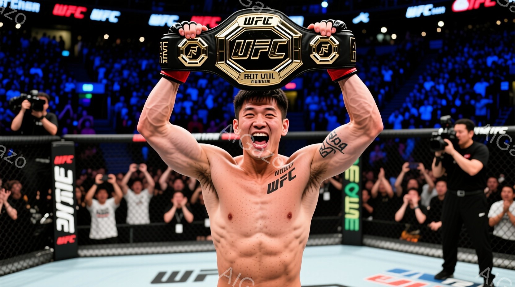 観客席を背景に、UFCチャンピオンベルトを両手で高く掲げ、満面の笑みを浮かべる男性格闘家が写っている。彼は黒い髪を短く切り、黒いトレーニングウェアを着用し、勝利の喜びを全身で表現している。会場は暗く、観客席には多くの人々が写っており、興奮と熱狂に包まれた雰囲気である。