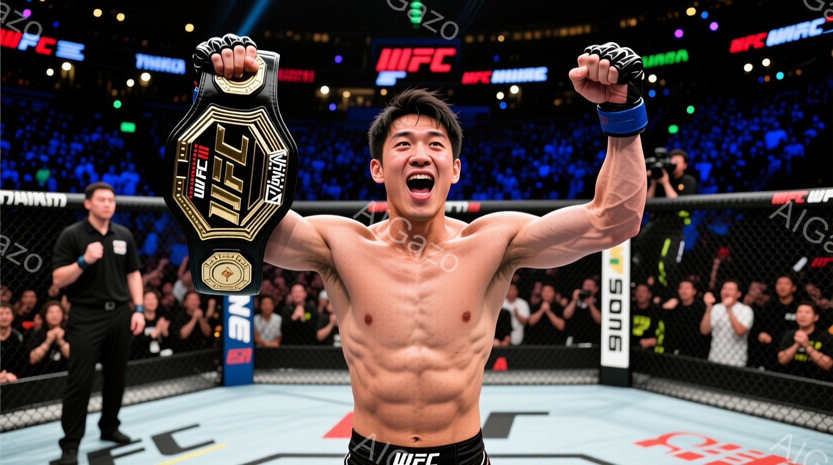 筋肉質な男性が、オクタゴンの中に立ち、満面の笑みを浮かべながらUFCチャンピオンベルトを高々と掲げています。彼は上半身裸で黒いショーツを着用し、短く整えられた黒髪が特徴的です。背景には観客席が広がり、 - AI生成フリー素材