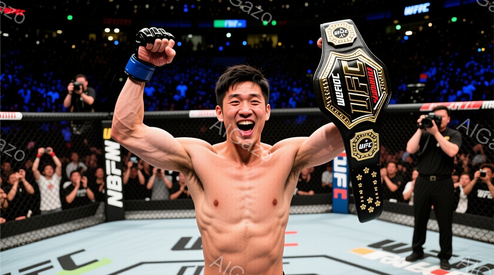 筋肉質な男性が、UFCチャンピオンベルトを掲げ、満面の笑みを浮かべている。彼は上半身裸で、黒い格闘技用グローブを着用し、短く整えられた黒髪が特徴的だ。背景には観客席が広がり、試合会場の熱狂的な雰囲気が - AI生成フリー素材