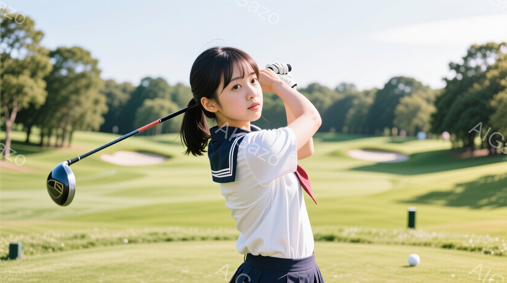 若い女性ゴルファーがスイングの最中に写っている。白いシャツに紺色のスカート、リボンをつけ、髪はポニーテールにしている。背景は緑豊かなゴルフコースで、晴天の下、ティーショットを打つ姿が捉えられている。