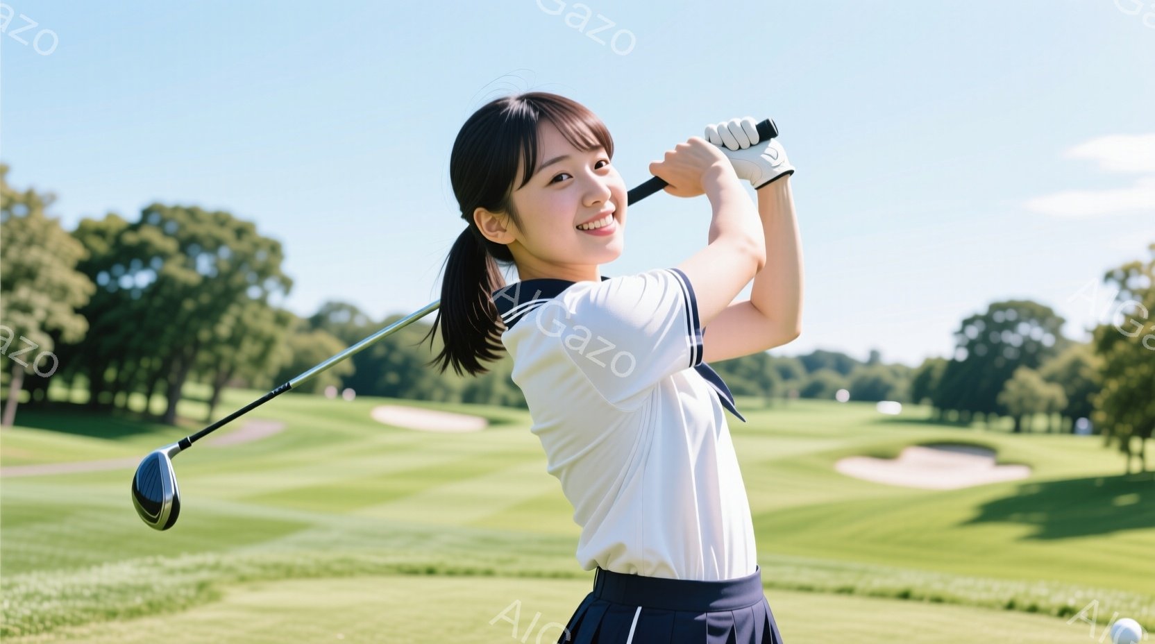 若い女性ゴルファーがスイングしている様子が写っている。白いブラウスに紺色のスカートを着用し、髪はポニーテールに結んでいる。背景には緑豊かなゴルフコースが広がり、晴天の下、爽やかな雰囲気が漂っている。