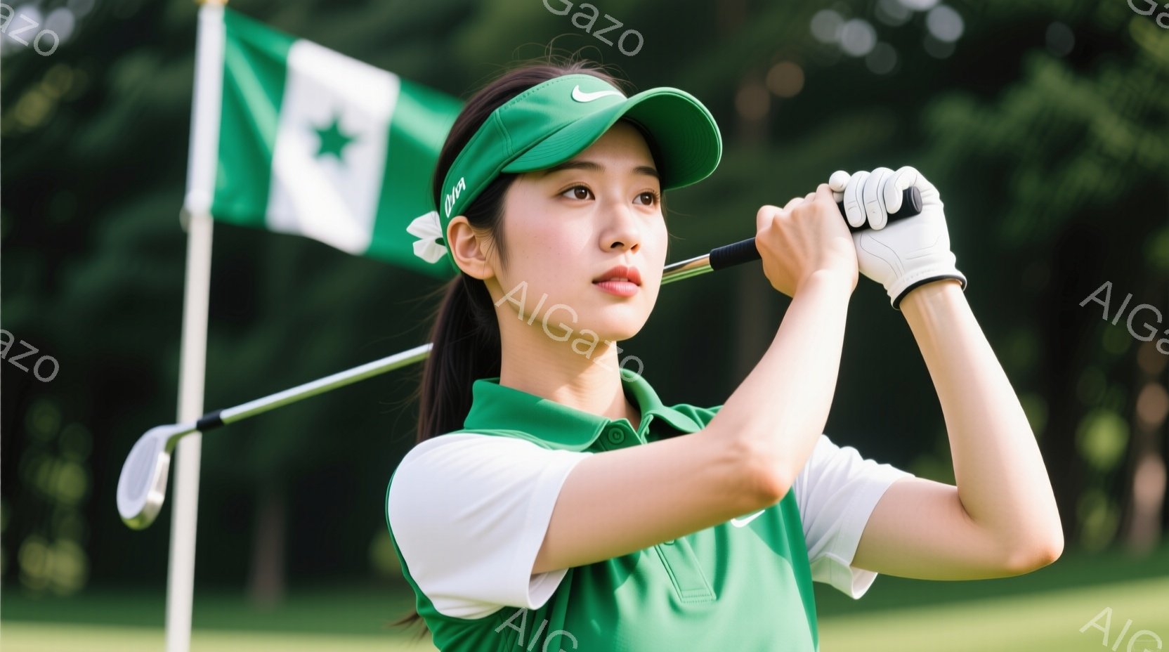 若い女性ゴルファーが、緑色のポロシャツと白いベスト、そしてキャップを着用し、ゴルフのスイングをしている様子が写っている。彼女は黒髪をポニーテールにし、集中した表情でティーショットを打とうとしている。背景には緑豊かなゴルフコースと旗がぼやけて見え、晴天の下、爽やかな雰囲気である。