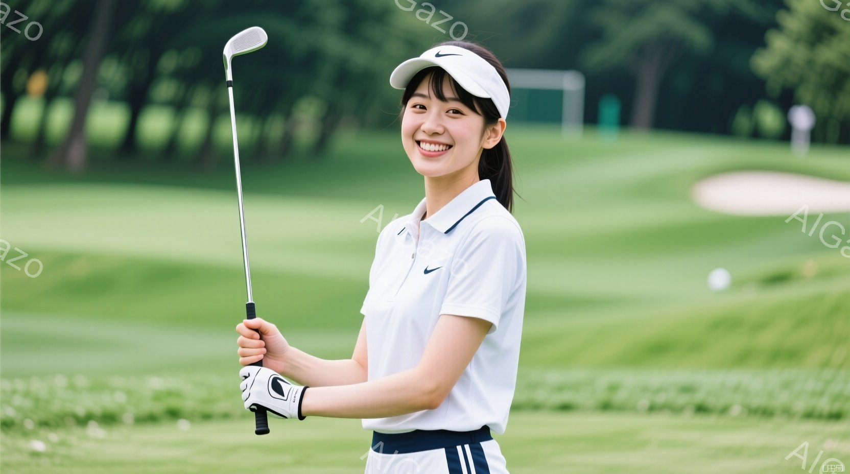 若い女性がゴルフコースでゴルフの準備をしている写真です。白いポロシャツに紺色のスカート、白いキャップを着用し、片手にゴルフクラブを持ち、明るい笑顔を浮かべています。背景には緑豊かなゴルフコースが広がり、晴天の下、爽やかな雰囲気が漂っています。