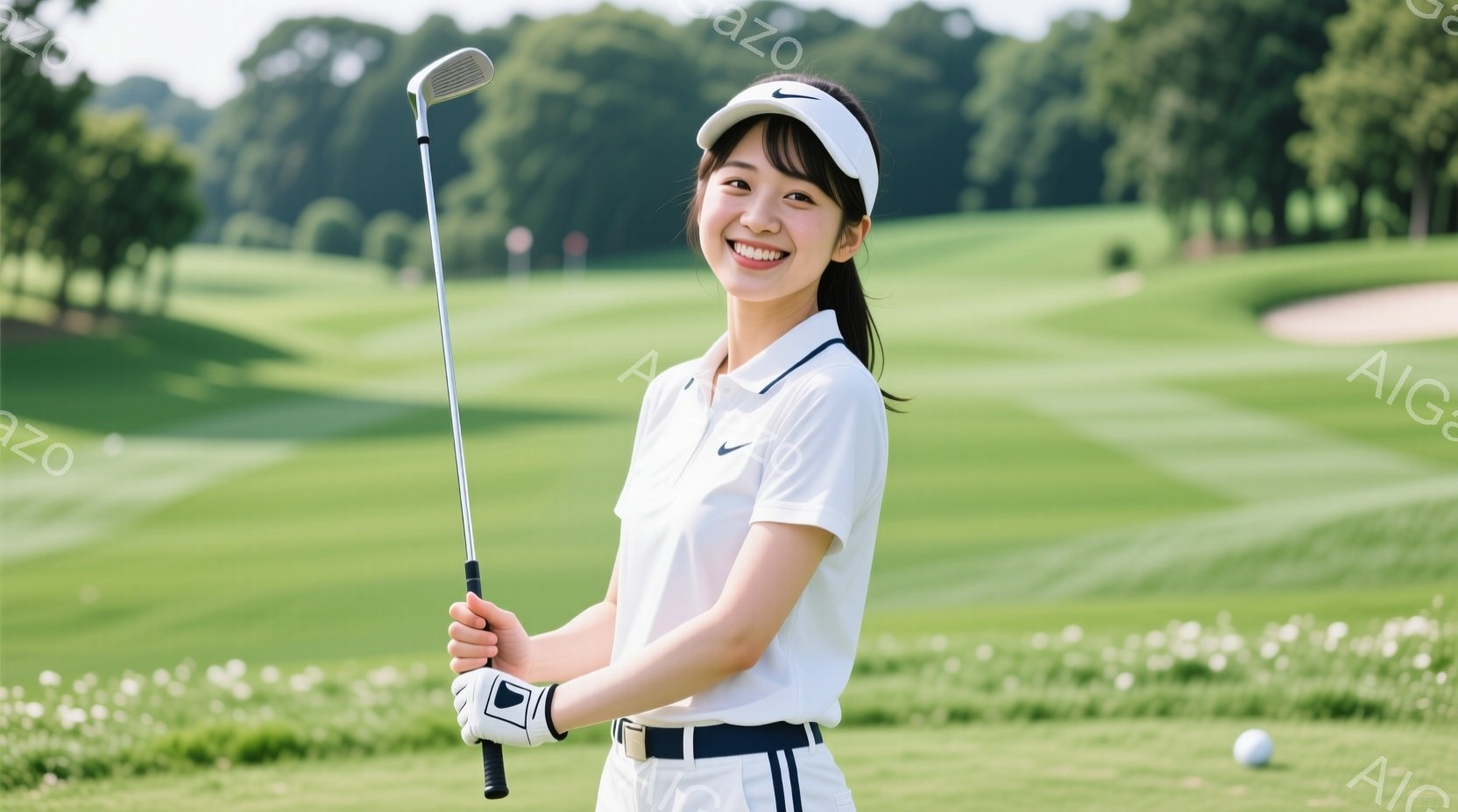 白いポロシャツに白いパンツ姿の女性が、ゴルフコースでゴルフクラブを肩に担いで立っている。彼女は微笑んでおり、黒いヘアバンドで後ろにまとめた髪型をしている。背景には緑豊かなゴルフコースが広がり、晴天の下 - AI生成フリー素材