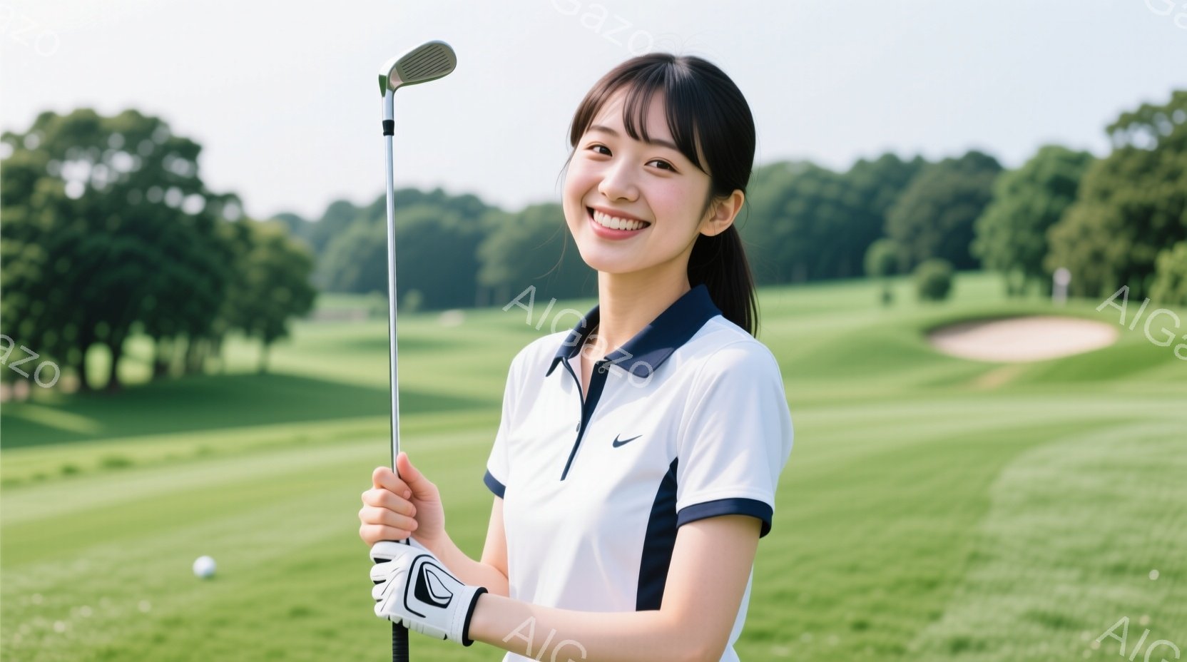 女性はゴルフコースで、白いポロシャツとゴルフグローブを着用し、ゴルフクラブを肩に担いで笑顔でこちらを見ている。背景には緑豊かなゴルフコースが広がり、晴天の下、明るい雰囲気が漂っている。彼女の髪型は後ろ - AI生成フリー素材
