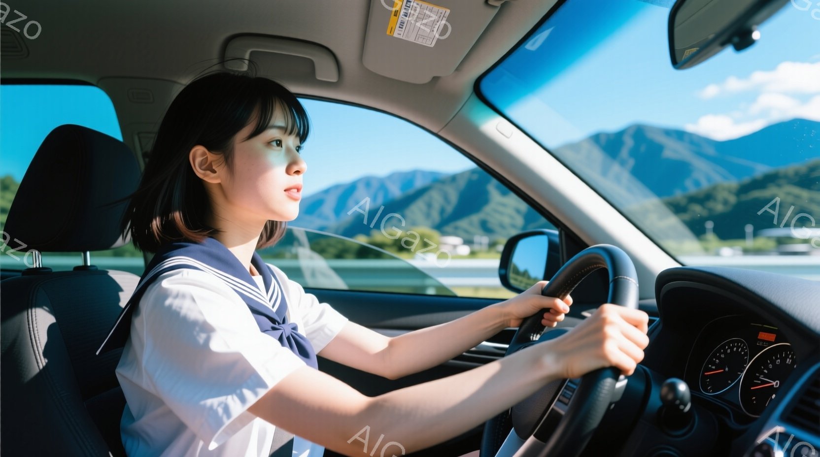 制服姿の若い女性が運転席でハンドルを握り、前方を凝視しています。彼女は黒髪を後ろでまとめたヘアスタイルで、真剣な表情を浮かべています。背景には青空と緑豊かな山々が広がり、晴れた日のドライブの様子が伺えます。