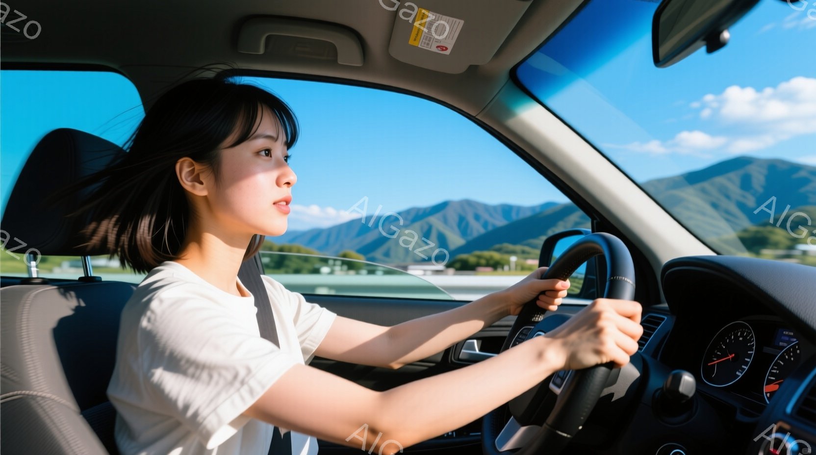 女性が運転席で運転している様子が写っている。彼女は白いTシャツを着ており、短い黒髪は肩にかかっている。背景には青い空と緑の山々が広がり、晴れた日のドライブの雰囲気が漂う。 - AI生成フリー素材