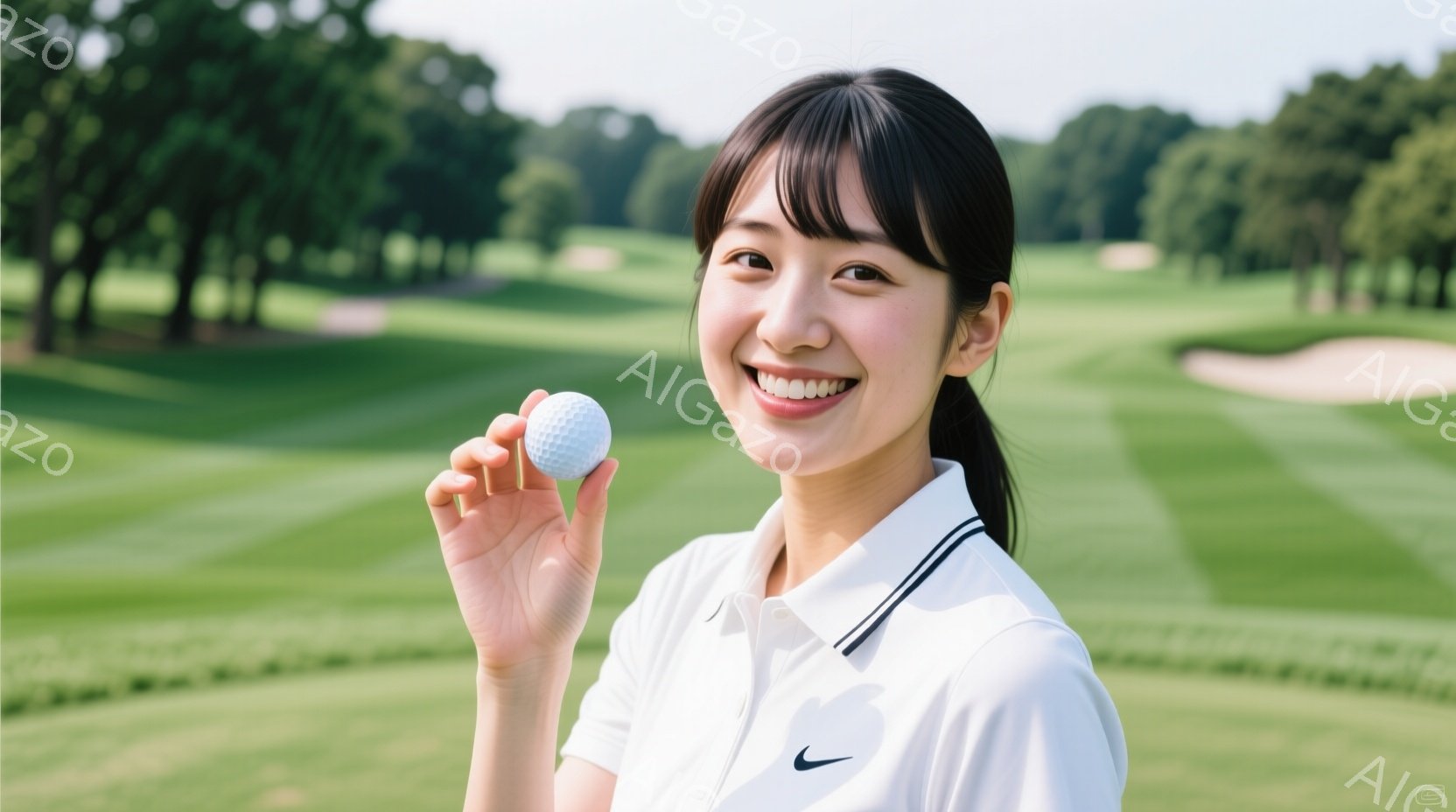 白いポロシャツに黒いラインが入っており、左胸にはナイキのスウッシュロゴが刺繍されています。彼女は明るい笑顔でゴルフボールを片手に持ち、少し上目線でカメラを見ています。背景には緑豊かなゴルフコースが広が - AI生成フリー素材