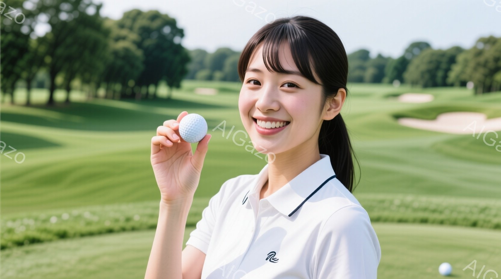 若い女性がゴルフボールを手に持ち、満面の笑顔を浮かべている。白のポロシャツに髪を後ろで一つにまとめた彼女は、ゴルフ場の緑豊かな背景を背景に、リラックスしたポーズをとっている。背景には、青空の下、起伏の - AI生成フリー素材