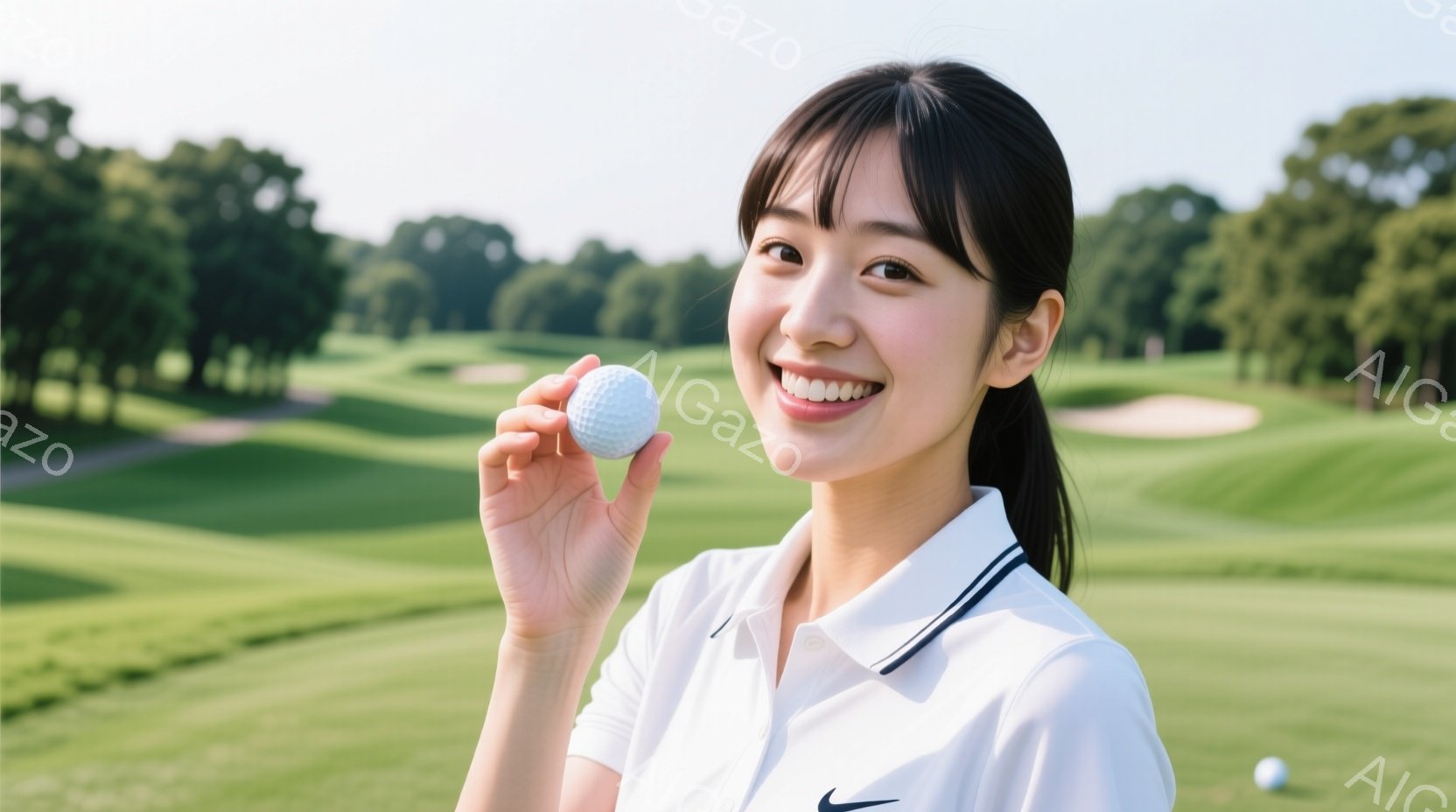 若い女性がゴルフボールを手に笑顔でこちらを見ている。白い襟付きのポロシャツに、黒いスウォッシュロゴが入っており、髪は後ろでポニーテールに結われている。背景は緑豊かなゴルフコースで、晴天の下、明るく爽や - AI生成フリー素材